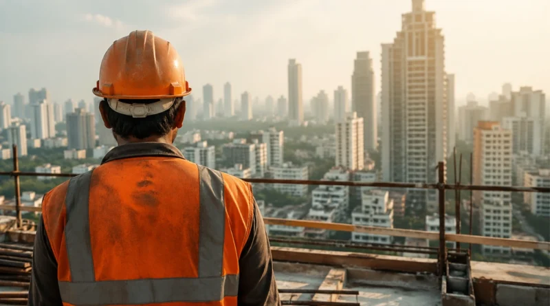 India construction worker city skyline dignity labour