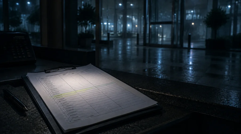 Corporate office reception desk with office cab route sheet at night