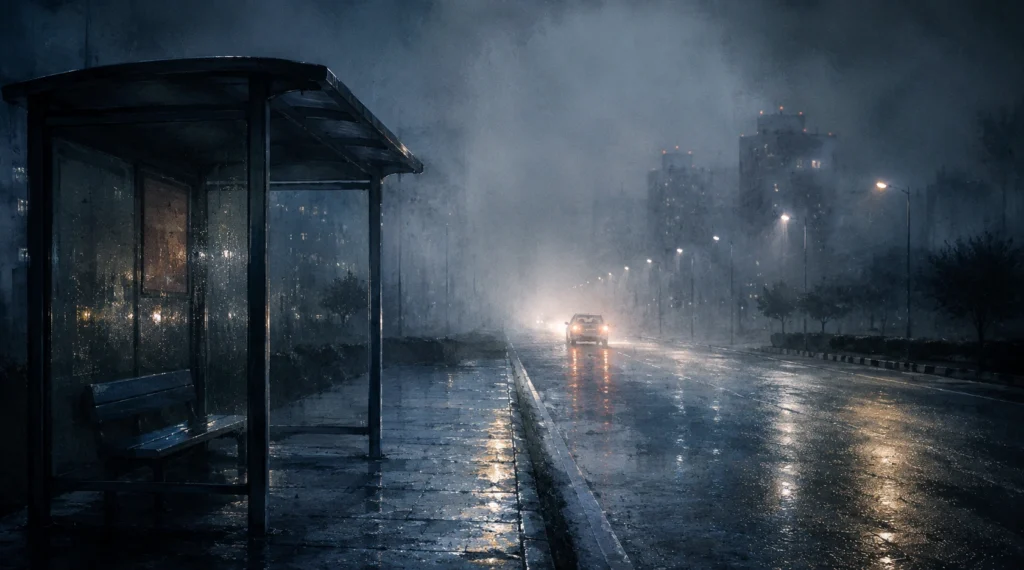 Foggy empty bus stop near Noida corporate road at night