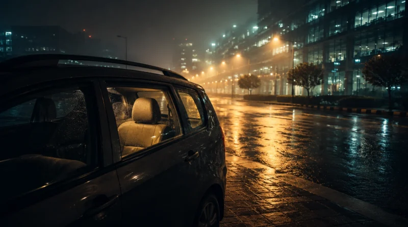 Foggy office cab parked outside Noida Sector 62 corporate buildings at night