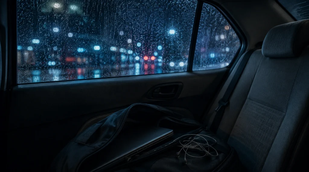 Rain-covered office cab window with laptop bag and earphones during night commute