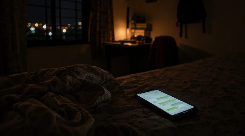 Smartphone screen glowing softly in dark room during emotional late night silence