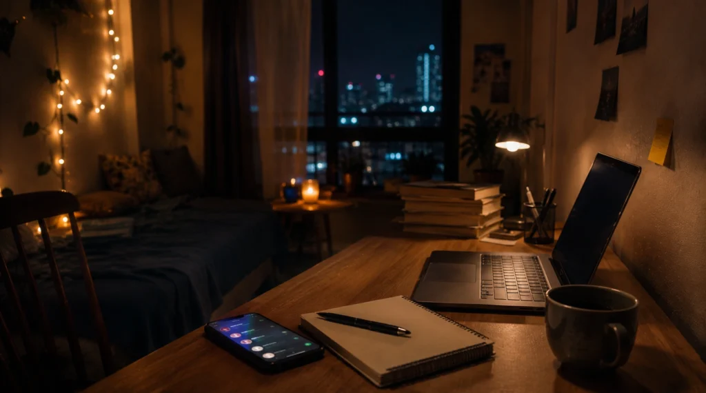 Young Indian apartment room at night with laptop and unread chat notifications