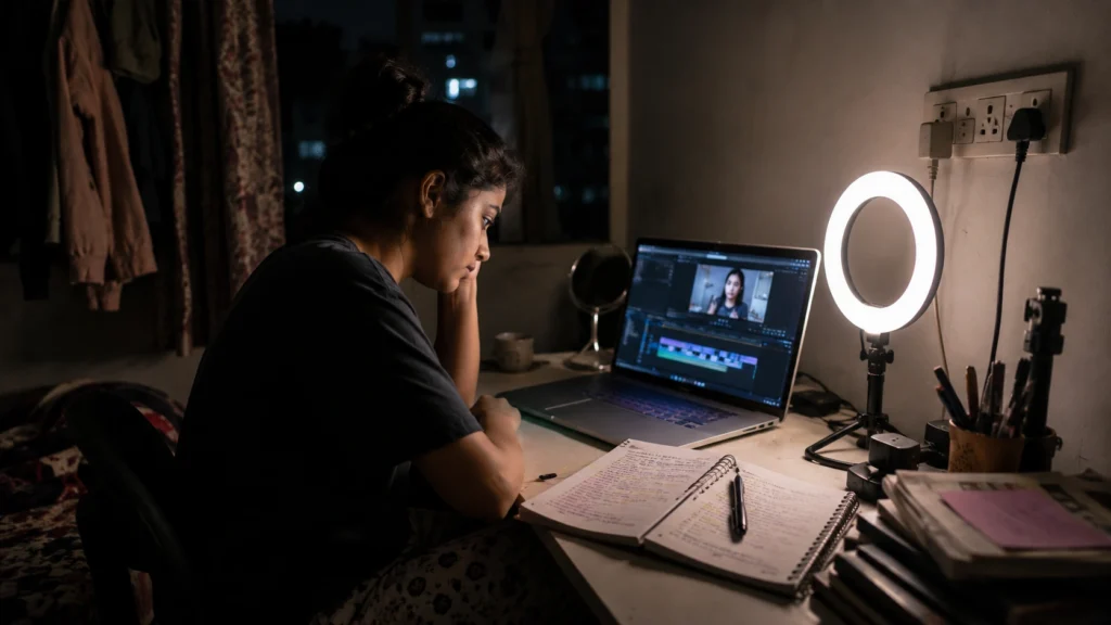 Indian student creator editing branded videos late night in small hostel room
