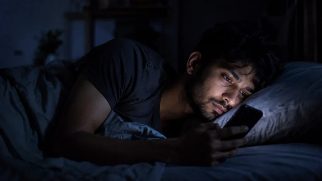Young Indian man awake at night using phone while struggling with overthinking thoughts