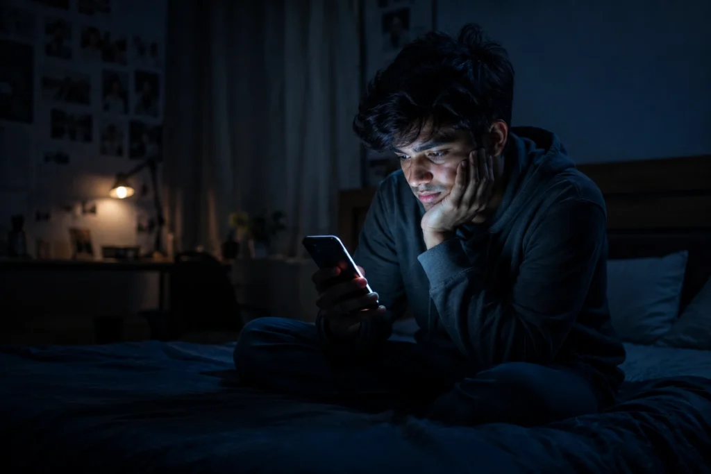 Young Indian person scrolling social media alone at night feeling emotionally low