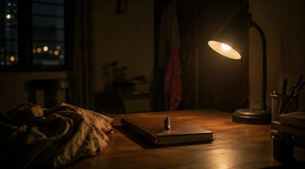 Single study lamp glowing beside notebook during late night