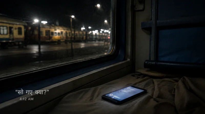 Train window at night with unread phone messages visible