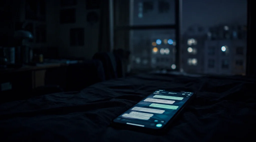 Smartphone glowing in dark hostel room with late night WhatsApp message