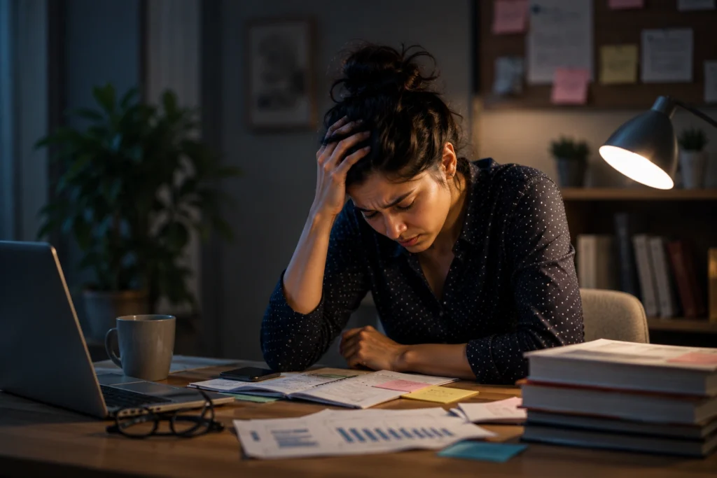 A mentally exhausted woman working late at night surrounded by papers and office stress.
