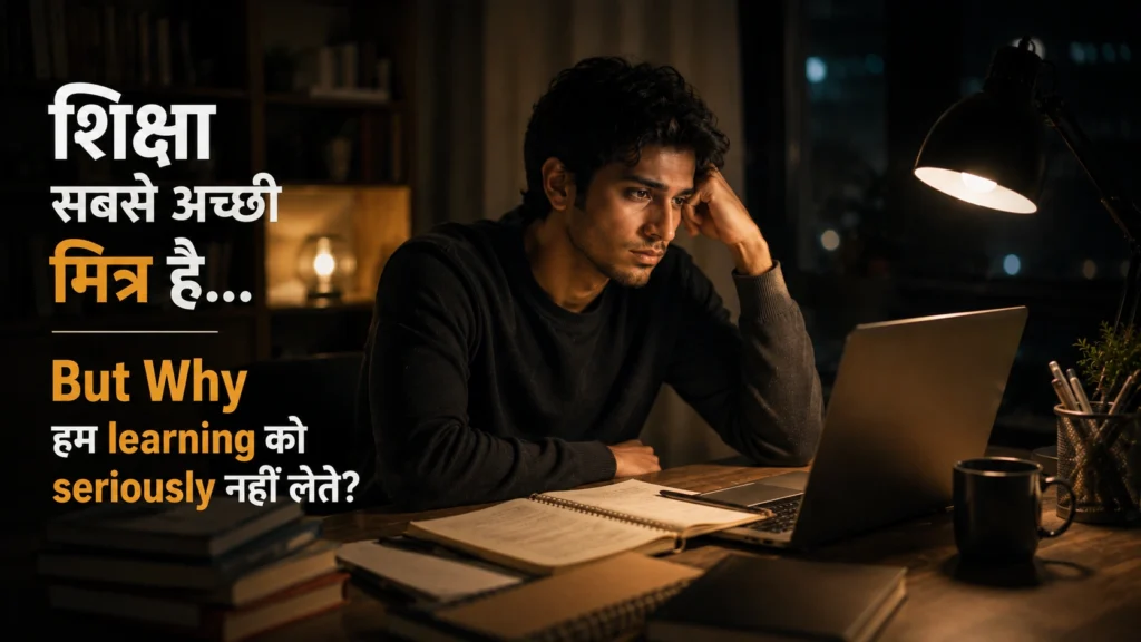 Young Indian man sitting alone at study desk late at night thinking deeply about learning and self-growth