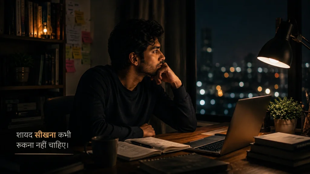 Young Indian man quietly reflecting at study desk late at night about learning and life
