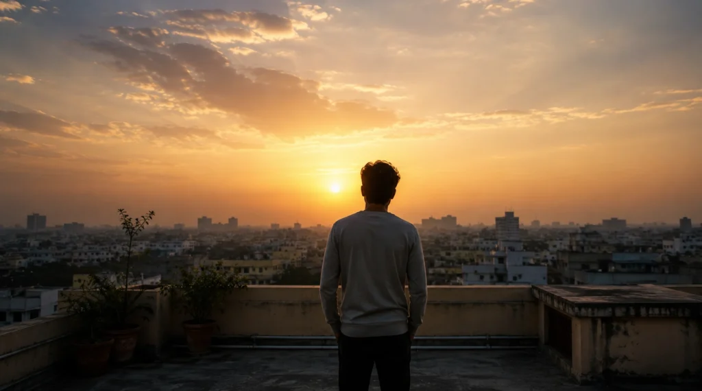 Person standing peacefully on rooftop at sunrise symbolizing emotional healing and letting go