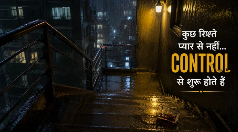 Rainy apartment staircase with psychological thriller text about control