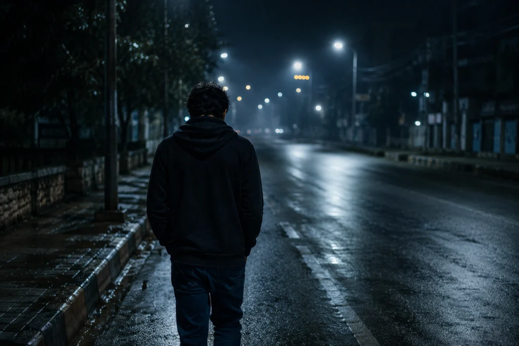 Person walking alone on empty road at night after emotional conflict