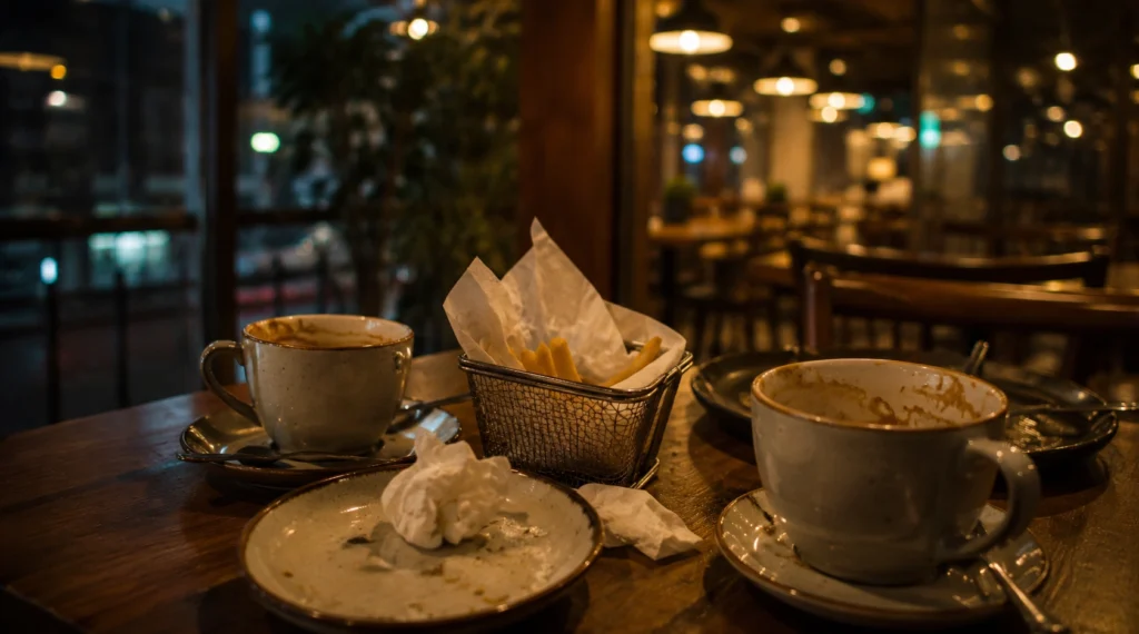 Half-finished coffee mugs and fries during long emotional café conversation