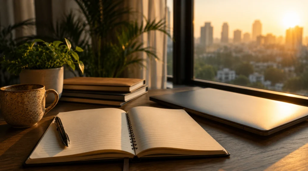 Open notebook and closed laptop in sunrise-lit Indian apartment workspace