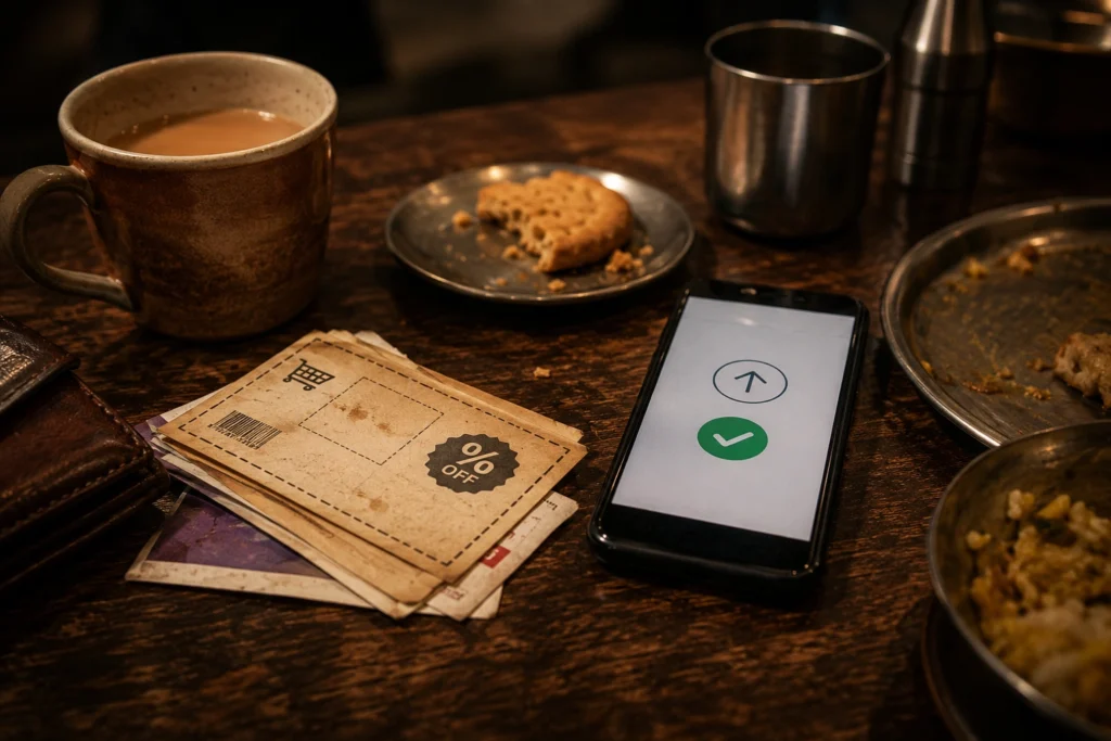 Expired coupon beside UPI payment screen and chai cup