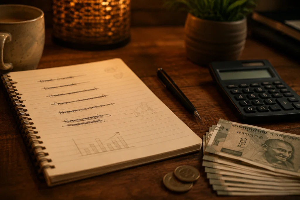Notebook with crossed-out financial plans beside calculator and Indian currency notes