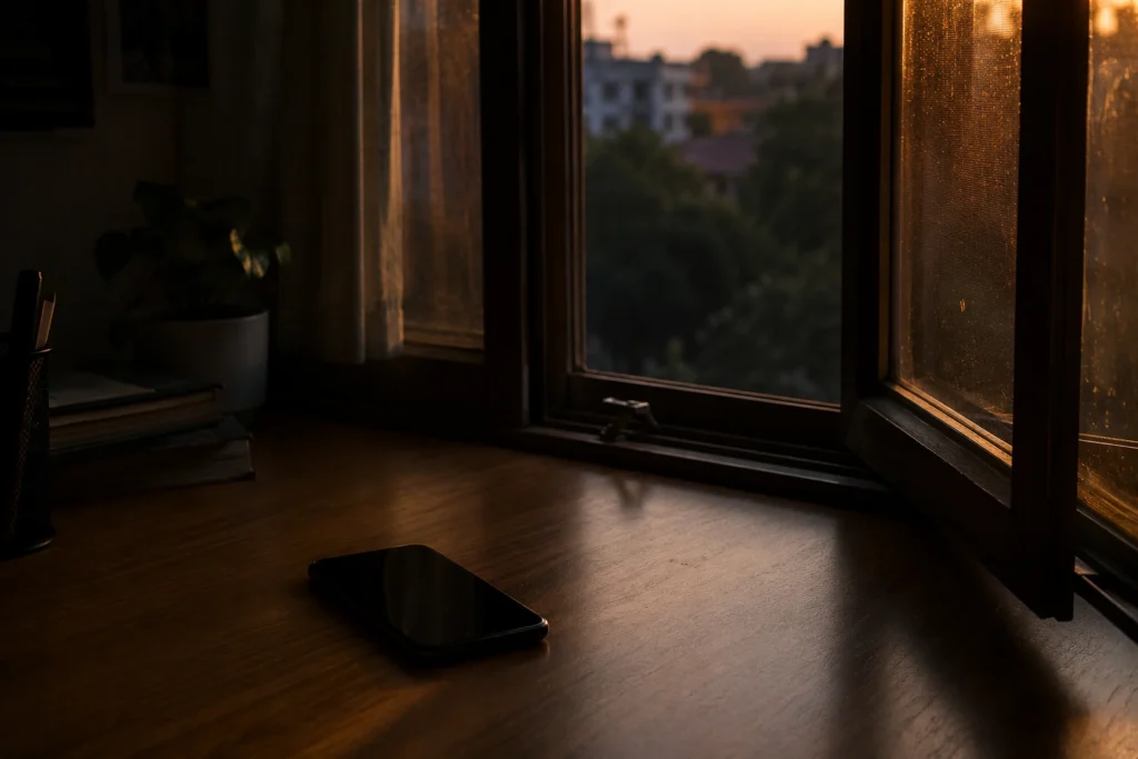 Half-open window beside silent smartphone during evening light