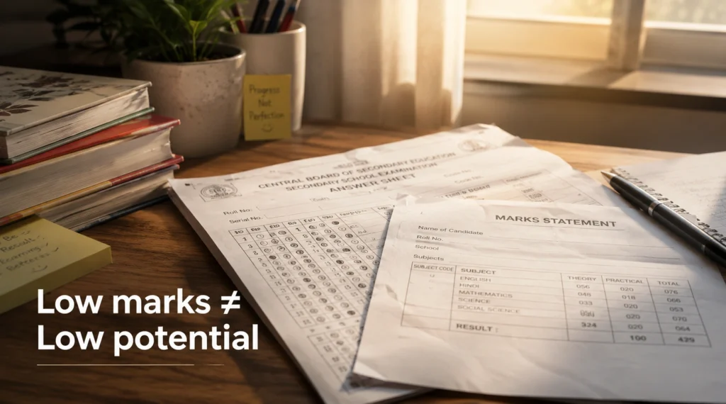 Close-up of CBSE-style answer sheets and marksheet papers on study table with motivational text