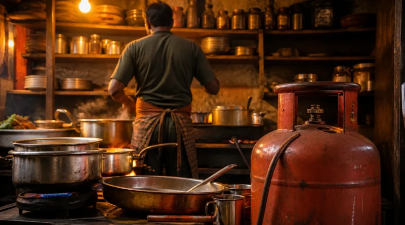 Indian dhaba kitchen with commercial LPG cylinder rising cost impact