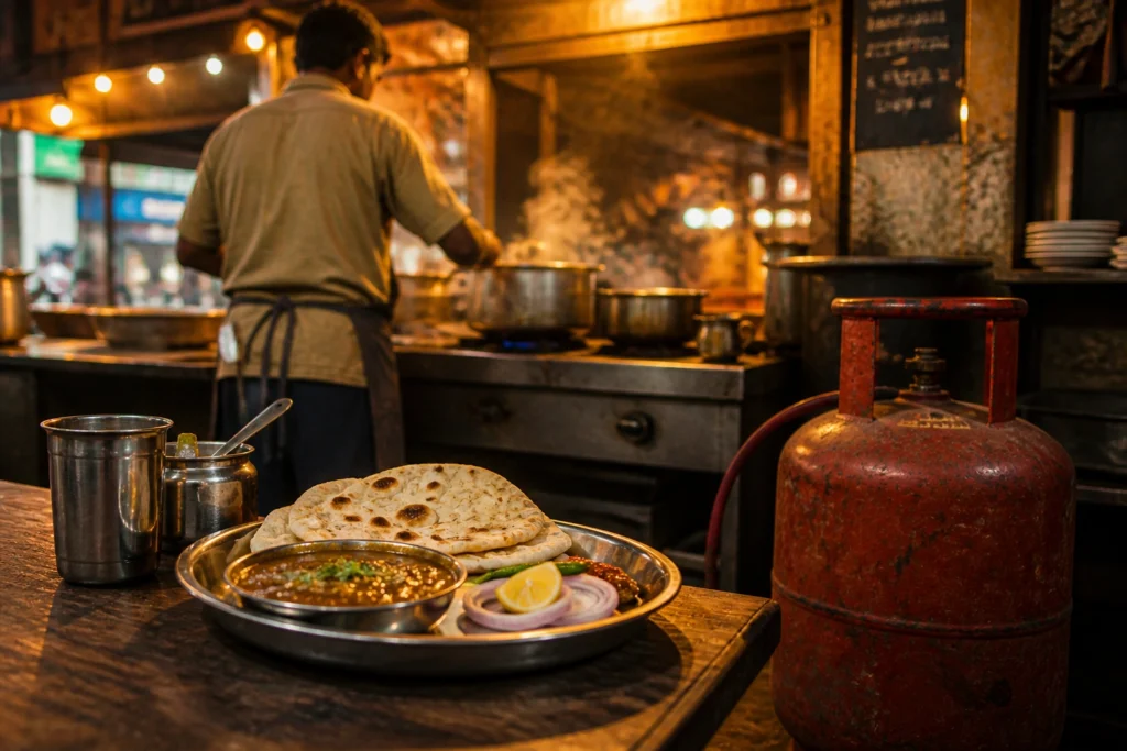 Commercial LPG cylinder impact on Indian dhaba food prices thali