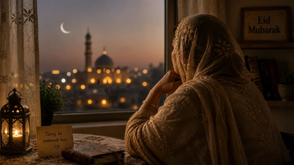 Mother looking out of window on Eid night in India, capturing quiet reflection, loneliness, and unspoken emotions