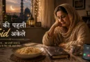 Mother sitting alone during Eid at home in India, reflecting quietly on her first festival without her husband
