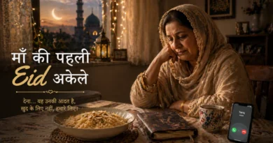 Mother sitting alone during Eid at home in India, reflecting quietly on her first festival without her husband