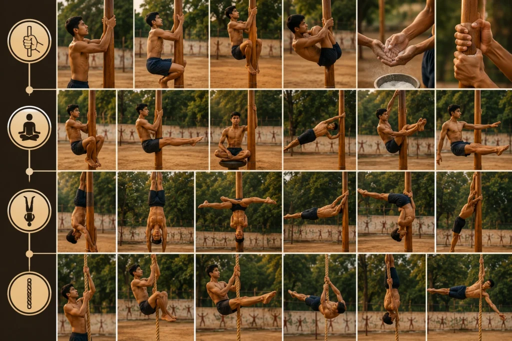 Beginner Mallakhamb training progression from grip practice to inverted positions