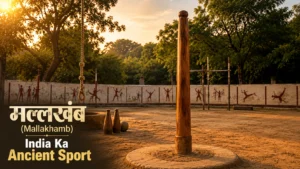 Traditional Mallakhamb wooden pole in Indian akhada training ground during golden hour