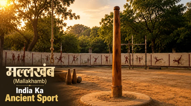 Traditional Mallakhamb wooden pole in Indian akhada training ground during golden hour