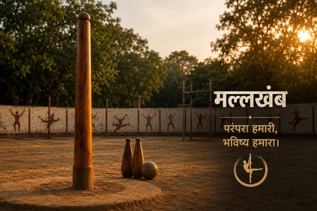 Traditional Mallakhamb pole at sunset in Indian akhada ground