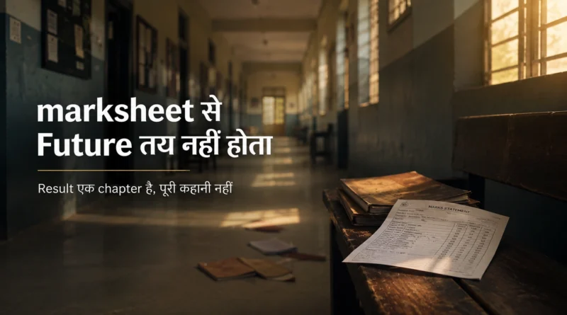 Empty Indian school corridor after exams with scattered notebooks and marksheet in cinematic sunlight