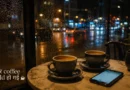 Two coffee cups beside glowing phone screen during emotional Delhi café date