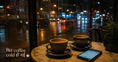 दोनों “ना” बोलने आए थे… फिर coffee cold हो गई Two coffee cups beside glowing phone screen during emotional Delhi café date