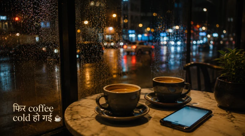 Two coffee cups beside glowing phone screen during emotional Delhi café date