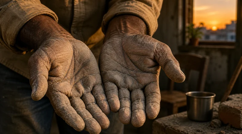 Weathered hands holding fine dust