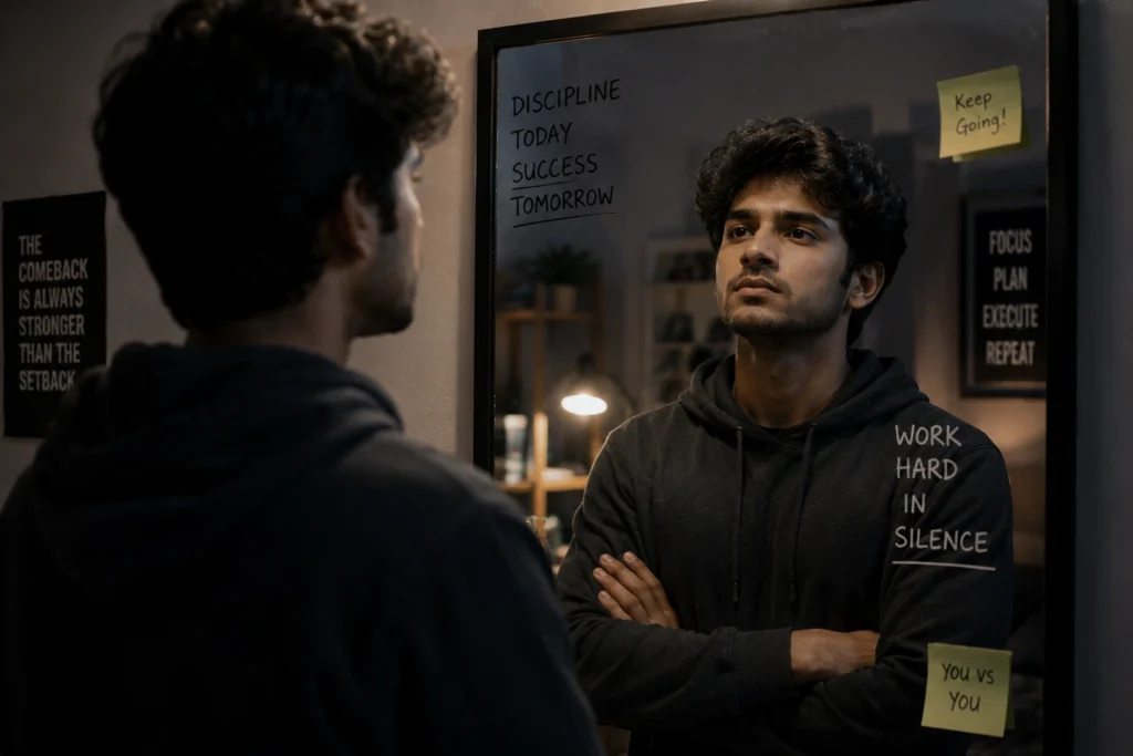 Young man looking at himself in mirror while building mental strength and discipline