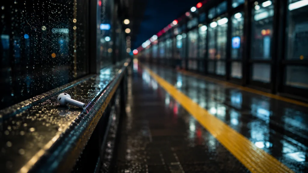 Single AirPod resting on rainy metro platform railing