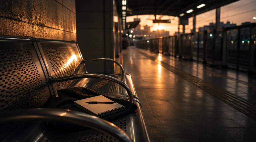 Empty metro station bench with notebook during sunset symbolizing emotional reflection and freedom from overthinking