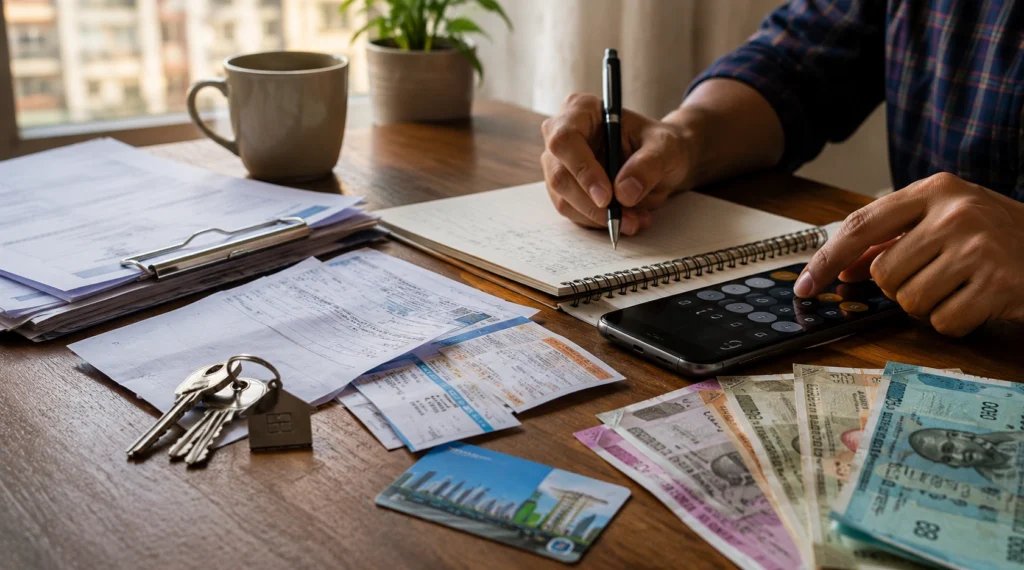 Person calculating monthly rent expenses with bills and Indian currency notes