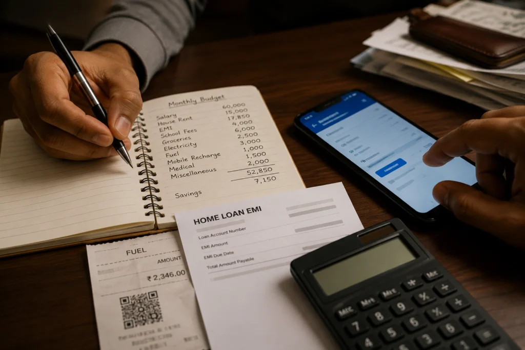 Indian household budget planning with EMI paper, calculator and banking app