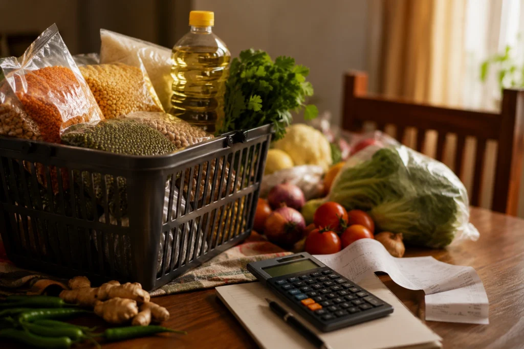 Indian grocery basket with dal packets, vegetables and calculator showing household budgeting pressure