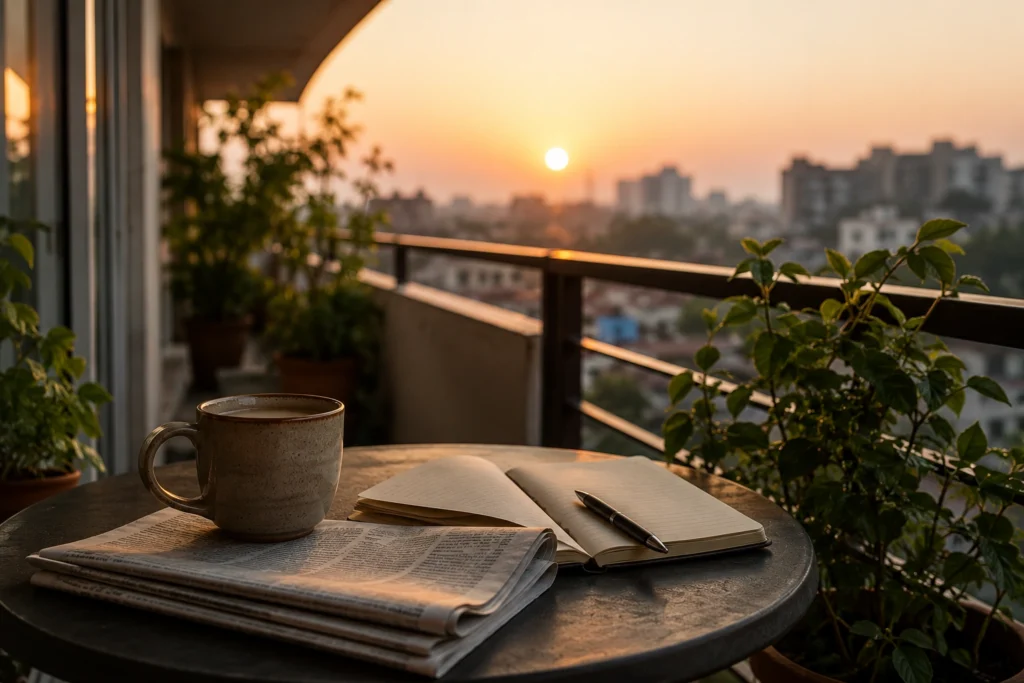 Quiet Indian apartment balcony symbolising middle-class hope and resilience