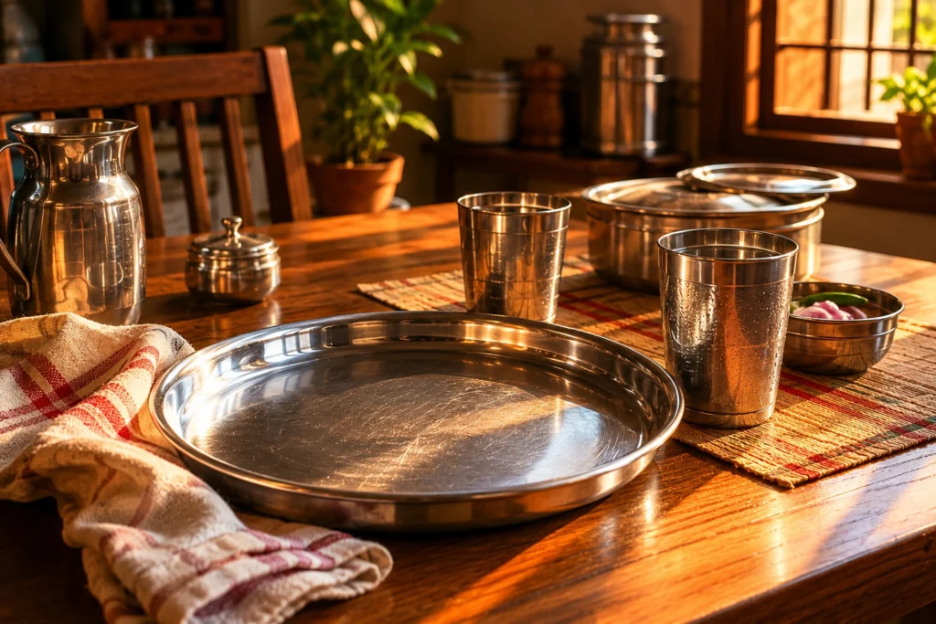 Simple Indian dining table with empty steel thali in warm evening light