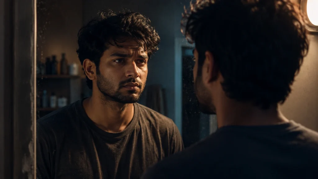 Indian young man looking into mirror with emotionally conflicted expression and deep thoughts