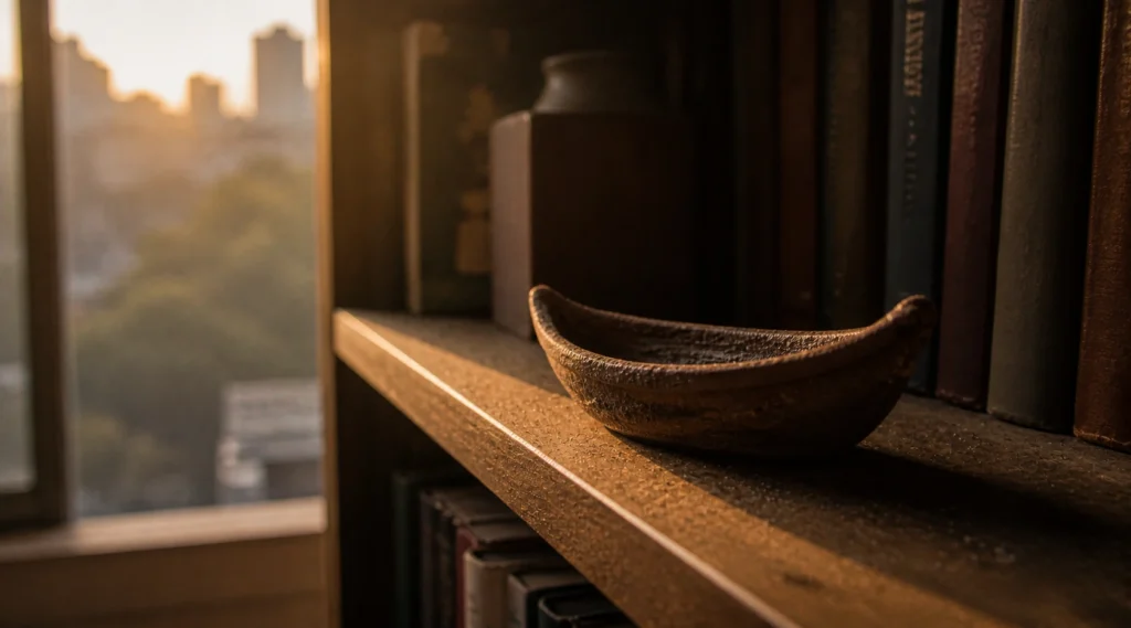 Dried clay boat on wooden shelf in Delhi room with warm evening light