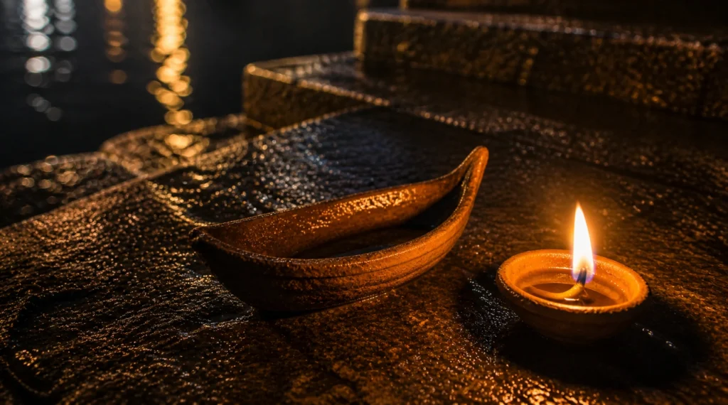 Small handmade clay boat with diya on wet stone steps at night in Banaras